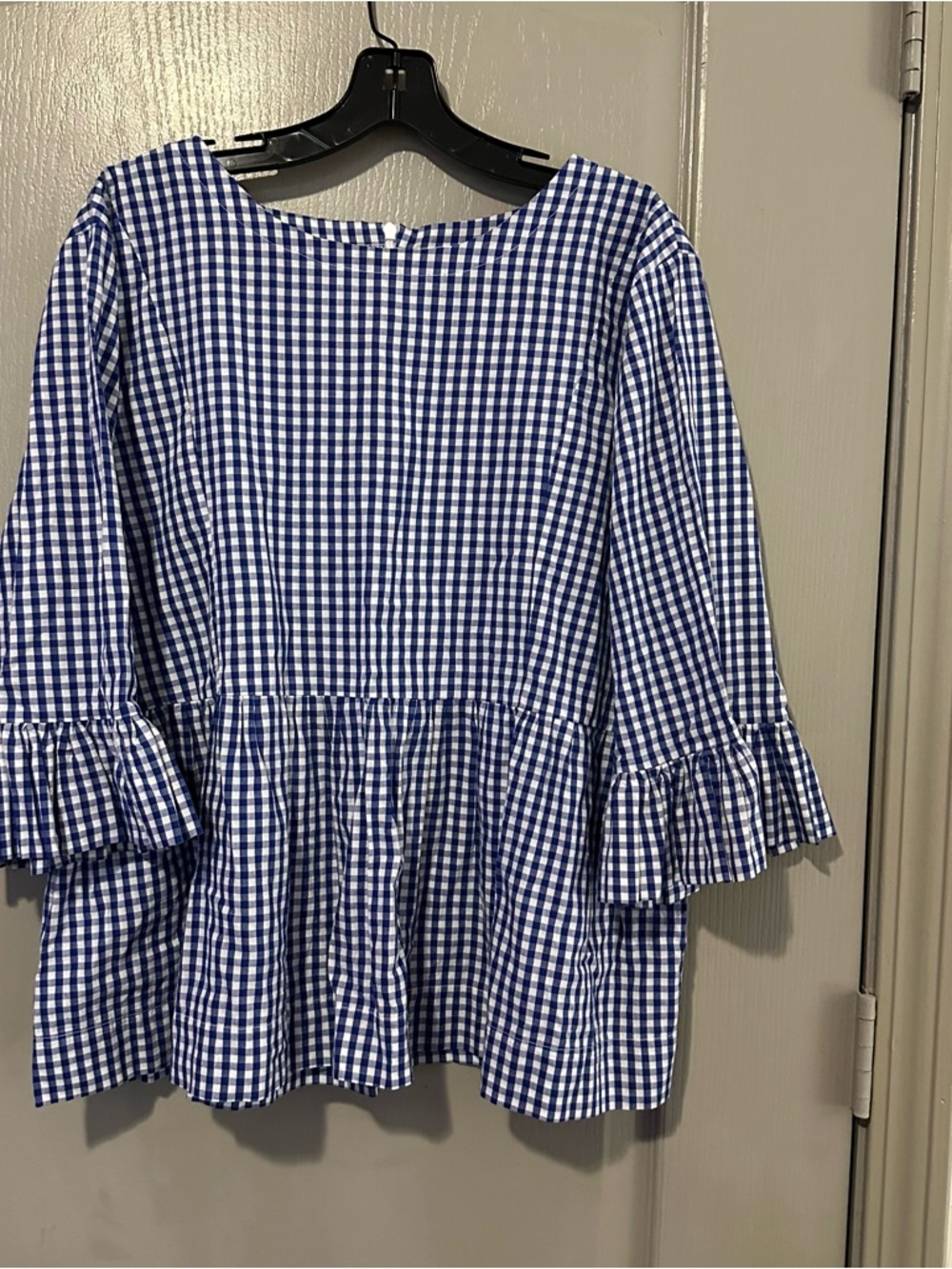 Blue and White Gingham Ruffle Peplum Top XL Easter Spring Casual Collyn Rays